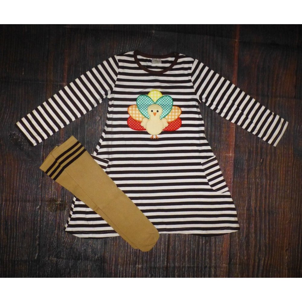 Boutique Thanksgiving Turkey Girls Striped Long Sleeve Dress & Socks